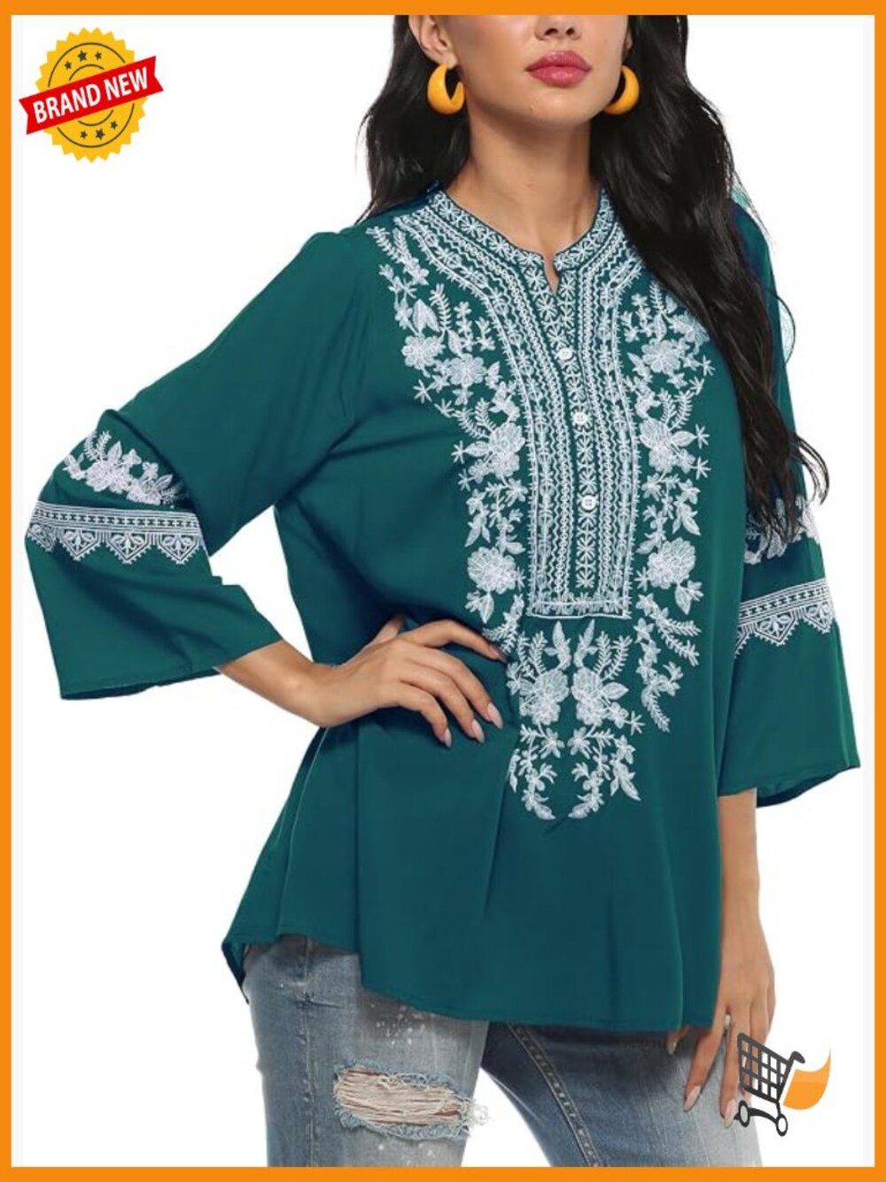 Embroidered V-Neck 3/4 Sleeve Tunic Blouse Peasant Top Boho Plus Size